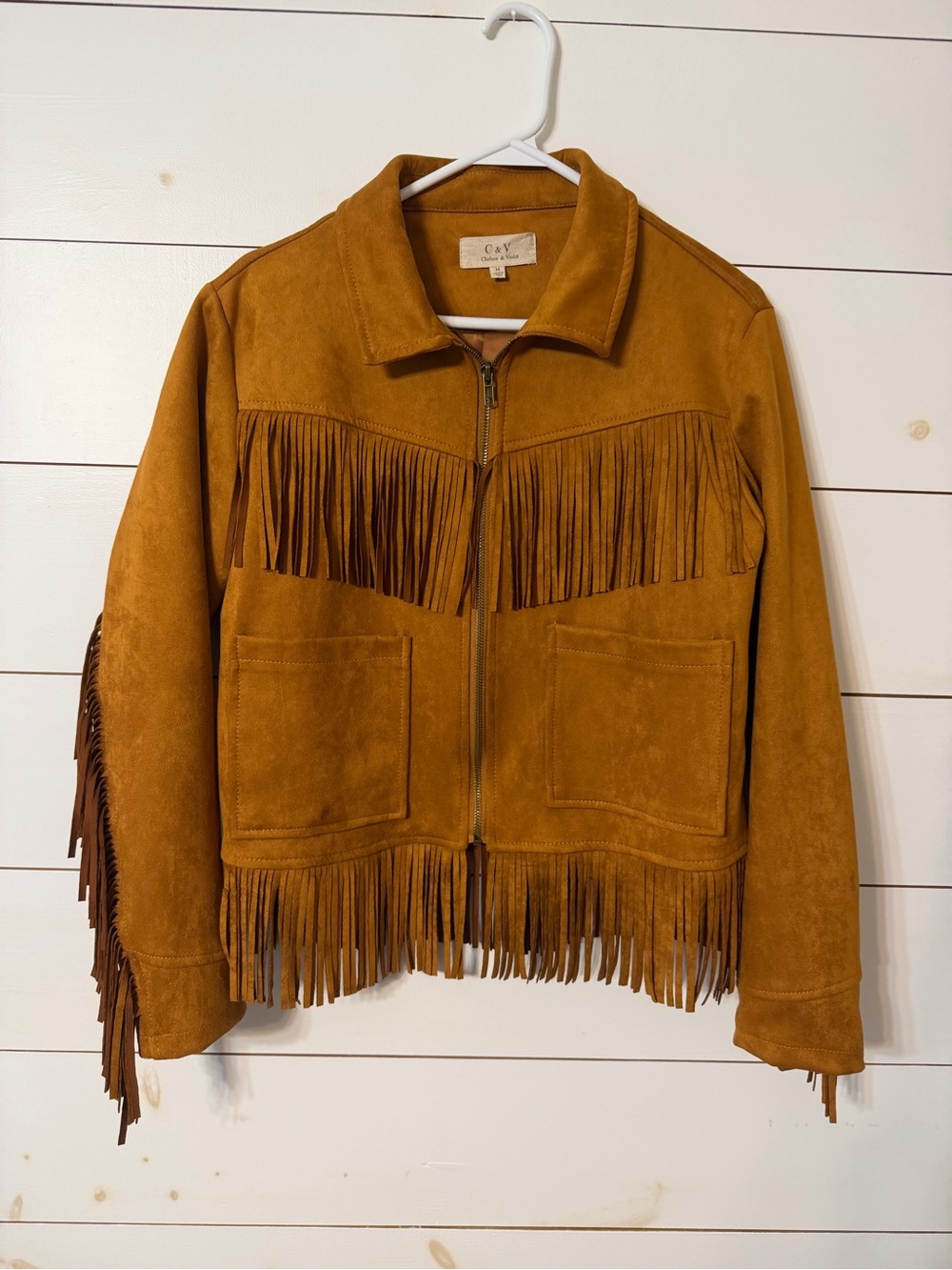 Chelsea & Violet Fringe Zip-Front Jacket in Cognac Size M